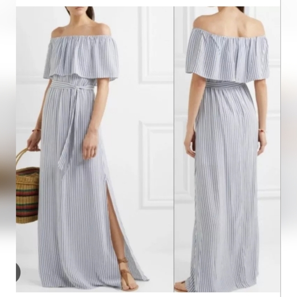 Alice + Olivia Grazi Off Shoulder Striped Maxi length Dress blue white Size 8 - Picture 2 of 7